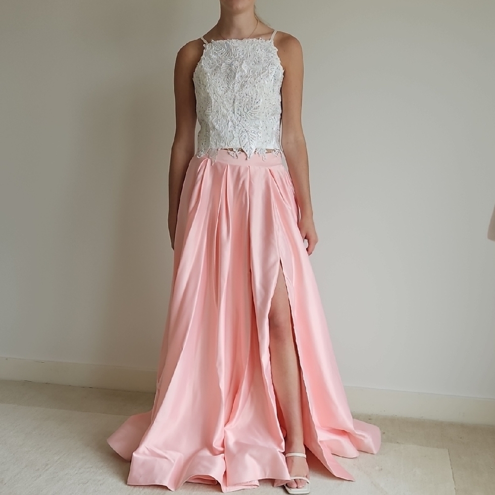 Formal white lace top and pink taffeta pleated skirt
